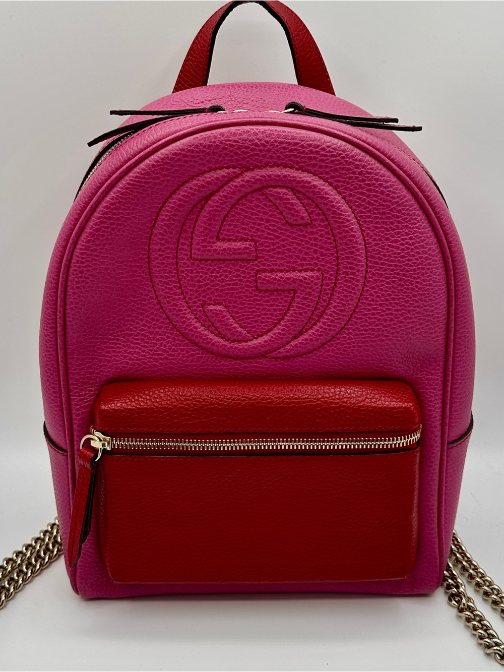 Gucci Pink and Red Leather Mini Backpack with Embossed Logo